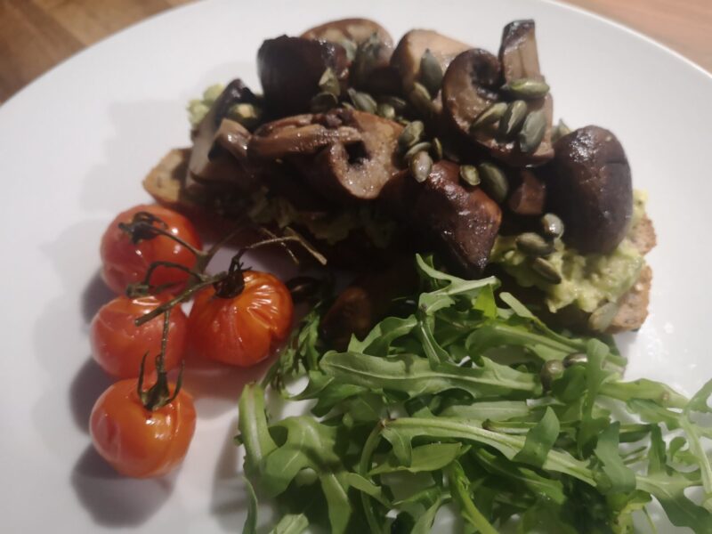 Goodwin Guest House VG Breakfast Sauteed mushrooms with smashed avocoado on sourdough toast with vine ripended tomatoes and rocket salad Goodwin House B&B, Keswick