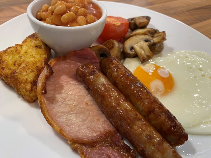 Goodwin Guest House in Keswick Lake District B B Cooked Breakfast Cumberland Sausages Dry Cure Bacon Sauteed Mushrooms Hash Brown Grilled Vine Tomato Baked Beans and Fried Egg Goodwin House B&B, Keswick
