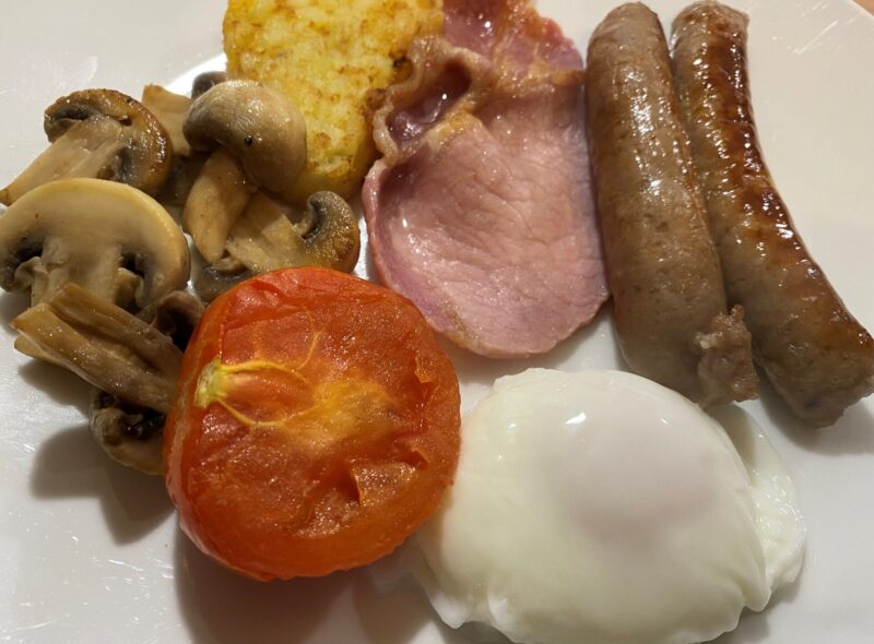 Goodwin Guest House in Keswick Lake District B B Cooked Breakfast Cumberland Sausages Dry Cure Bacon Sauteed Mushrooms Hash Brown Grilled Vine Tomato and Poached Egg Goodwin House B&B, Keswick